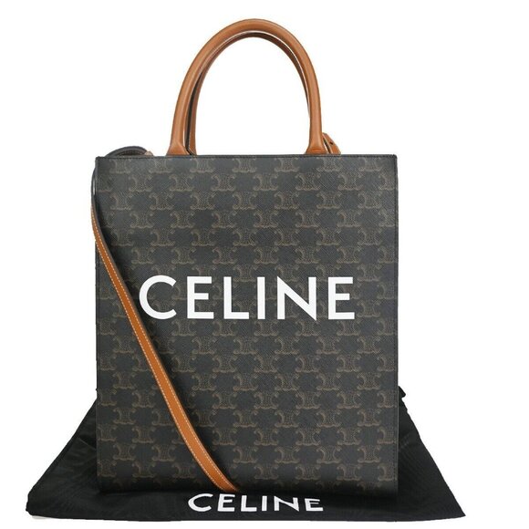 CELINE Vertical Cabas Hand Tote Bag Triomphe Canvas Leather Brown Black 680RH006 - Picture 1 of 16
